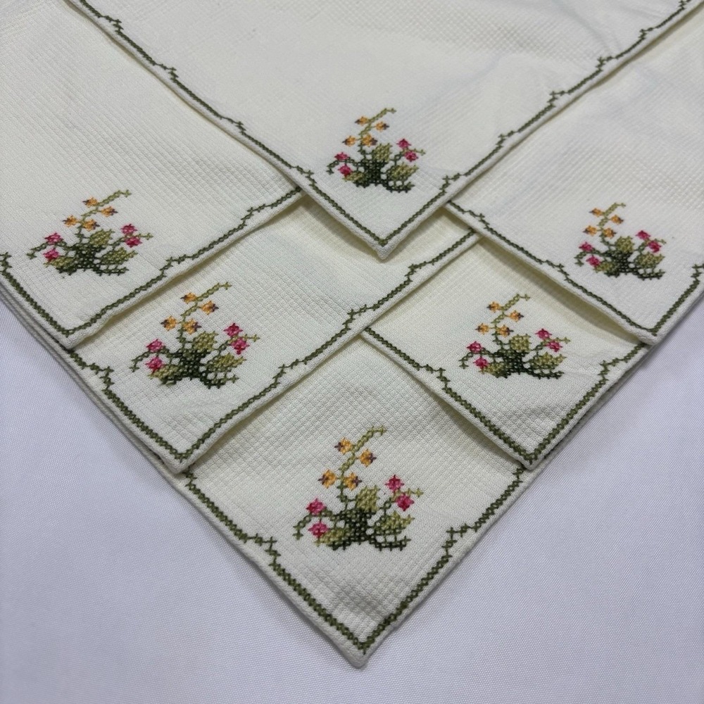 Vintage Cloth Napkins Lot of 6 Floral Cross Stitched Handmade 10.5"x10" Doilies